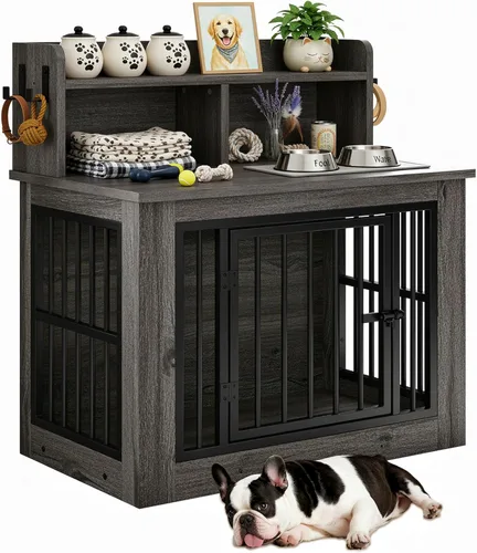 Vista 11 de IRONCK Mueble de jaula para perros, jaula de madera para perros pequeños de 33.4 pulgadas con almacenamiento y 4 ganchos, jaula resistente