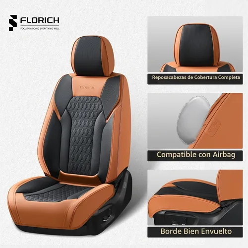 Vista 5 de FLORICH Fundas de asiento, juego completo de fundas de asiento de automóvil, fundas de asiento de cuero de napa de lujo, transpirables e marrón