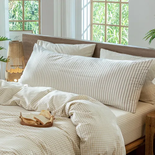 Vista 46 de MooMee Juego de 2 fundas de almohada de cuadros 100% algodón lavado con textura parecida al lino, transpirable, duradera, suave y cómoda