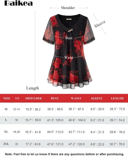 Vista 7 de BAIKEA Blusas de manga corta para mujer, estilo túnica de verano elegante, camisa de malla con estampado floral