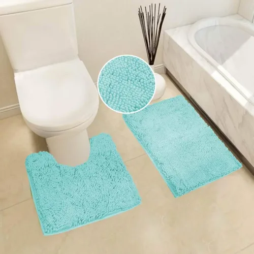 Vista 2 de Linen Plus - Juego de baño que incluye tapete de baño de felpilla suave antideslizante, tapete de contorno, cortina de ducha y ganchos de acero
