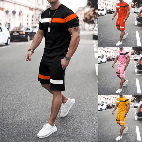 Vista 5 de Conjunto corto para hombre, 2 piezas, casual, de verano, manga corta, gimnasio, entrenamiento, atlético, conjunto deportivo