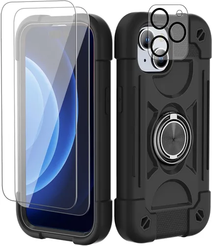 Vista 118 de Funda para iPhone 11 de 6.1 pulgadas con soporte de anillo, con 2 protectores de pantalla de vidrio, resistente a los golpes, resistente a