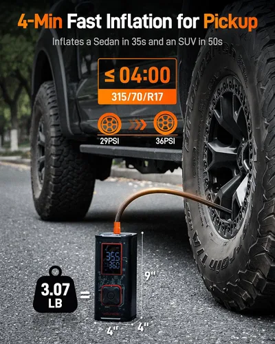 Vista 2 de WOLFBOX Inflador de neumáticos de alta resistencia de 150 PSI, compresor de aire portátil de doble cilindro de 45 LPM para neumáticos de automóvil