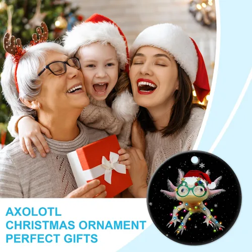 Vista 4 de Hyturtle Adorno de Navidad para los amantes de los ajolotes – Ajolote con sombrero, adorno de cerámica de Navidad – Lindo regalo para amantes