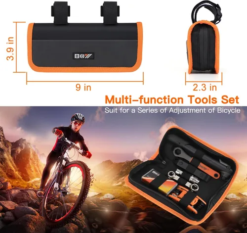 Vista 7 de Bolsa de reparación de bicicletas con bomba de neumáticos, kit de herramientas portátil para viajes de campamento, parches sin pegamento, artículos