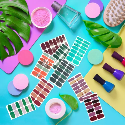 Vista 6 de 420 piezas de 30 hojas de envolturas de uñas con lima de uñas, tiras de esmalte de uñas con diseño degradado con brillantina, calcomanías
