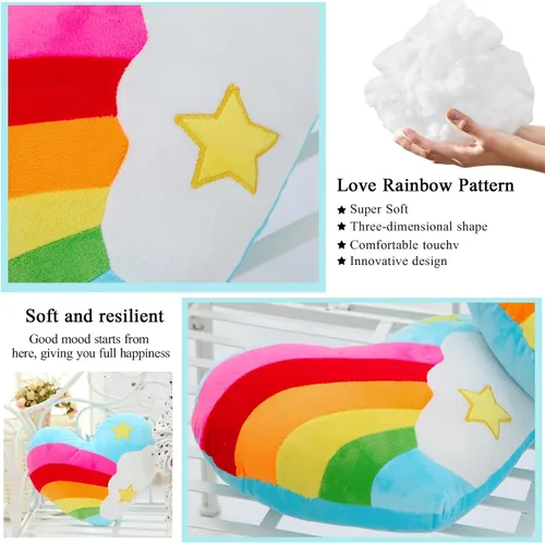 Vista 3 de Almohada de corazón de 17.7 x 13.8 pulgadas con forma de corazón de arco iris, juguete de peluche, estrella
