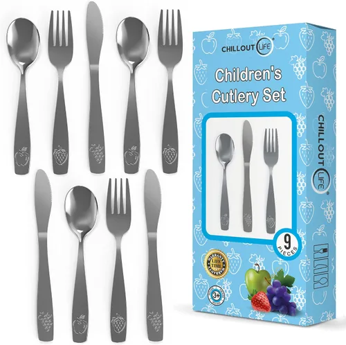Vista 8 de Tenedores de acero inoxidable para niños de 9 piezas, cubiertos seguros para niños y niños, juego de utensilios para niños, juego de cubiertos