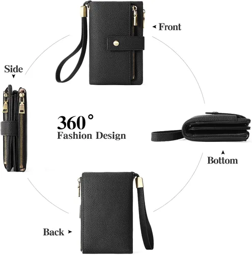 Vista 4 de SENDEFN Cartera pequeña para mujeres de cuero con bloqueo RFID, cartera de muñeca, tarjetero con doble cremallera, monedero, cartera bifold
