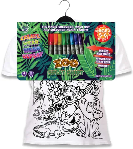 Vista 3 de Splat Planet Colorea en animales del zoológico, camiseta Jungle Safari con 10 bolígrafos mágicos lavables no tóxicos y lavables, Blanco, 3T