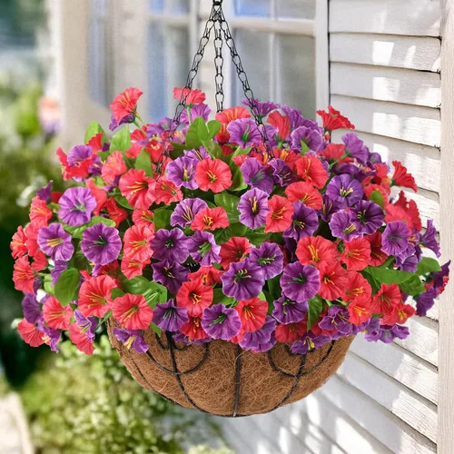 Vista 11 de Homsunny Plantas artificiales colgantes con cesta para exteriores, petunias falsas, de seda, para exteriores, porche, patio, balcón, jardín