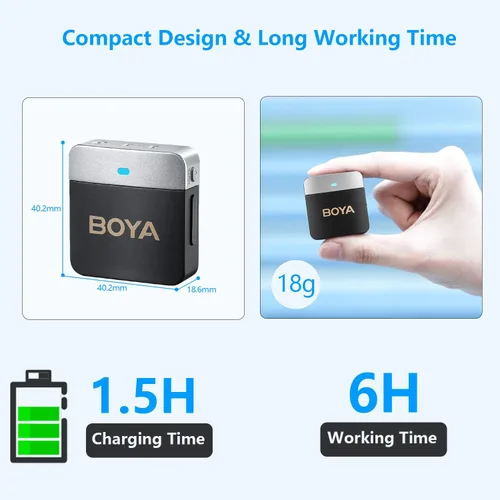 Vista 4 de BOYA Micrófono Lavalier inalámbrico de 2.4 GHz Duan Channel Sistema de micrófono inalámbrico con transmisor y 1 receptor para cámara iPhone