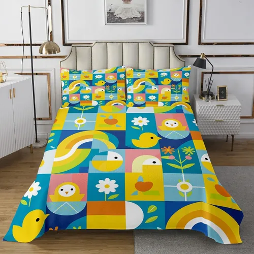 Vista 2 de Juego de colcha acolchada de lindo pollito, naranja y amarillo, diseño de flores de retazos, huevos de Pascua azules, tamaño individual, flores