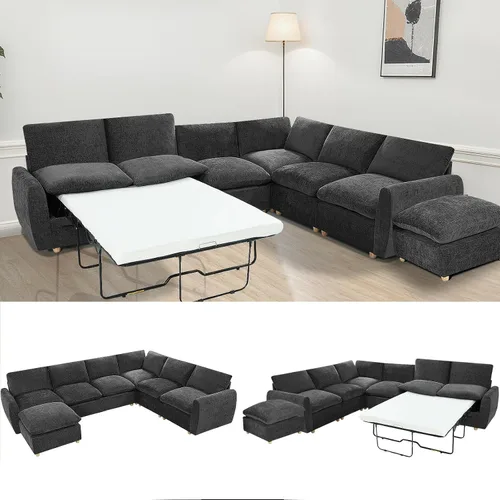 Vista 14 de Sofá extraíble en forma de L con cama cama y otomana de almacenamiento, sofá modular de felpilla para sala de estar, sofá modular en forma de L
