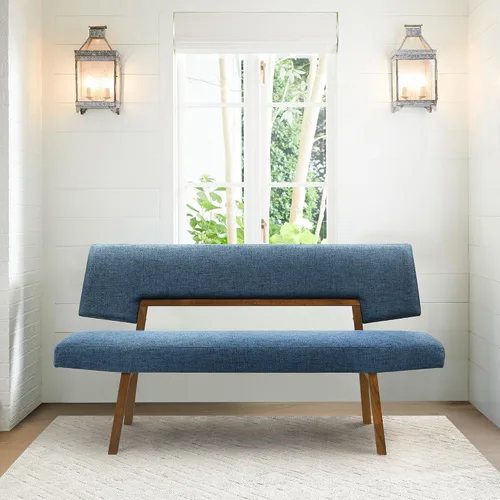 Vista 2 de Channell - Banco de comedor de madera con acabado de nogal con tela azul