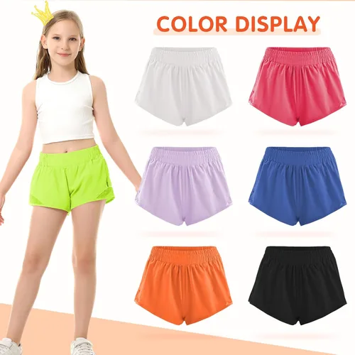 Vista 4 de Pantalones cortos deportivos para niñas, de secado rápido, con bolsillo con cremallera, para adolescentes y niños, pantalones cortos deportivos