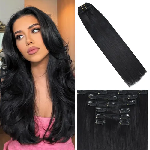 Vista 58 de WindTouch - Extensiones de cabello humano liso con pinzas, color negro azabache, 2.47 onzas, N.° 1, 12 pulgadas, 7