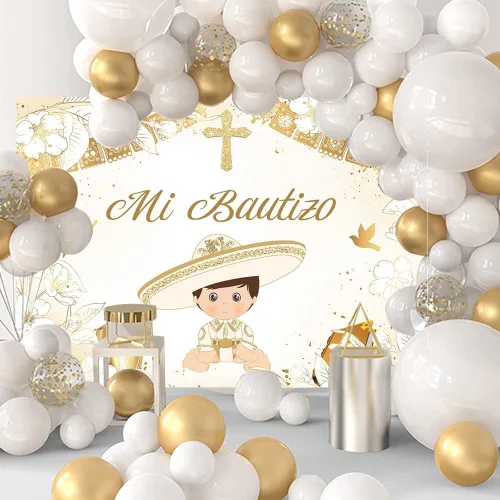 Vista 2 de Withu Telón de fondo dorado Mi Bautizo para niño, paloma, Santa Biblia, Cruz, Primera Comunión, sesión de fotos para niños, ceremonia cristiana