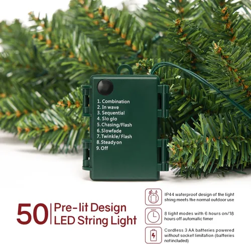 Vista 4 de Somikis - Pack de 2 guirnaldas de Navidad preiluminadas de 2.7 m con 50 luces LED artificiales y diseño clásico de pino verde para repisa