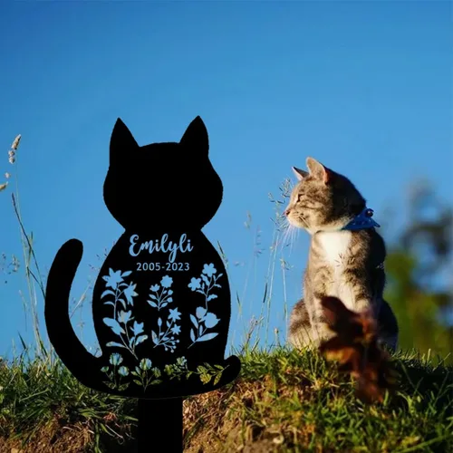 Vista 13 de Marcador de metal para tumbas para mascotas, nombre personalizado, estaca de jardín, perro, conmemorativo, alas de ángel, marcador de tumba, hueso