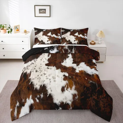 Vista 15 de Juego de edredón con estampado de vaca marrón para niñas y niños, edredón de plumón de piel de vaca de las tierras altas, ropa de cama de piel