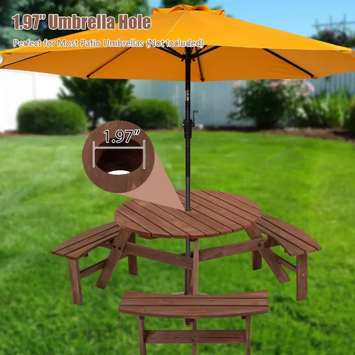 Vista 6 de Mesa de picnic de madera para 6 personas, mesa circular de picnic de madera para exteriores, mesa de comedor con 3 bancos, mesa exterior y banco 6