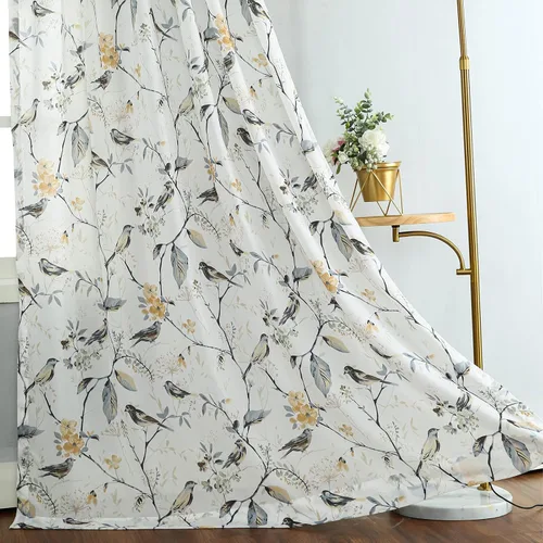 Vista 14 de VOGOL Cortina de ventana estilo campestre, cortinas estampadas con patrón de pájaros y hojas para dormitorio, paneles decorativos con ojales