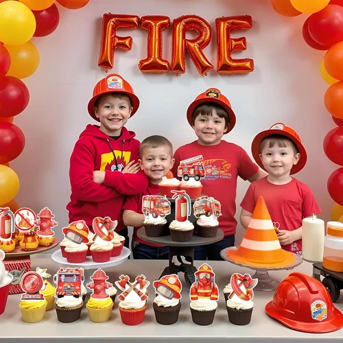 Vista 6 de 48 piezas de decoraciones de cumpleaños para camiones de bomberos, decoración de cumpleaños de bomberos, decoración de cupcakes para camiones