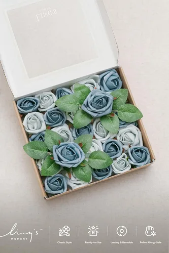 Vista 8 de Ling's moment Paquete de 25 capullos de rosas artificiales y rosas pequeñas con tallo, para ramos de boda, centros de mesa, decoración de ramilletes