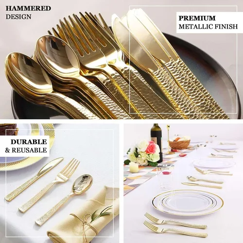 Vista 4 de Efavormart - Juego de 24 tenedores desechables de plástico color oro rosa, cubiertos resistentes de 7 pulgadas con elegante diseño martillado