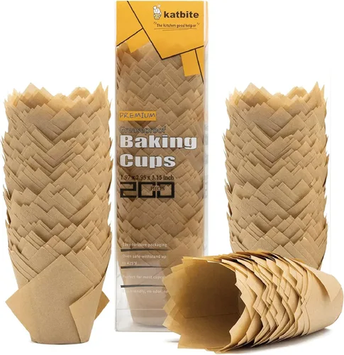 Vista 14 de Forros para magdalenas de tulipán Katbite 200 unidades, tazas para hornear magdalenas ProSmooth color marrón