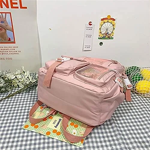 Vista 4 de Mochila Kawaii con colgante de oso, bolsa escolar de lona estética para estudiantes, bolsa de hombro, mochila casual para el regreso a clases (rosa)