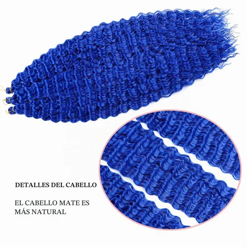 Vista 3 de MAYSA Cabello ondulado de ganchillo azul, cabello ondulado con ganchillo para mujer, extensiones de cabello sintético de onda profunda de 22