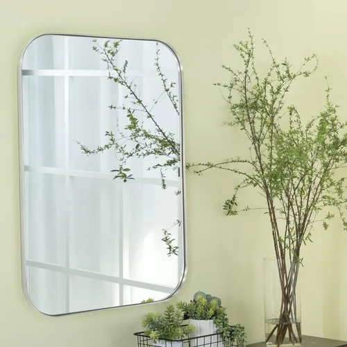 Vista 4 de Espejo de pared rectangular redondeado de níquel cepillado de 24 x 36 pulgadas, espejo de pared de acero inoxidable plateado, marco de metal