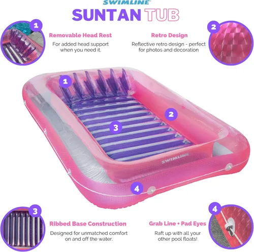 Vista 5 de SWIMLINE Original Suntan Tub Series - Flotador flotante inflable clásico Tumbona híbrida personal para piscina Almohada ajustable Relleno