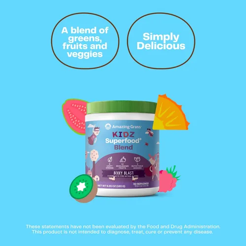 Vista 3 de Amazing Grass Kidz Superfood: Vegetales orgánicos, frutas y verduras, polvo de raíz de remolacha y probióticos para niños saludables, explosión