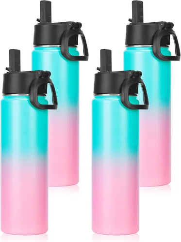 Vista 38 de Neihepal Botellas de agua aisladas de 22 onzas con tapa con popote a prueba de fugas, botella de agua de acero inoxidable de doble pared de boca