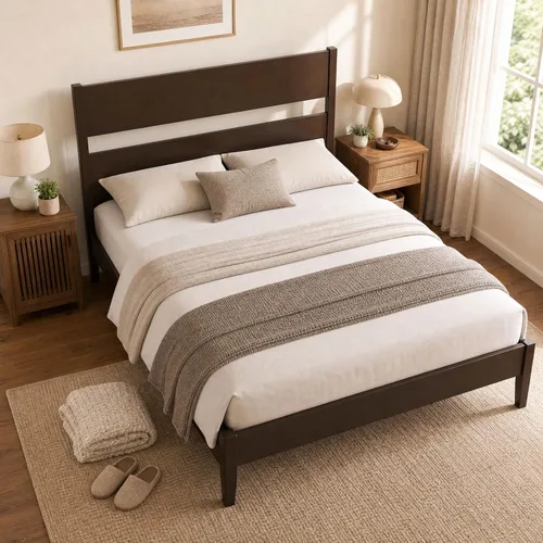 Vista 12 de KOMFOTT Twin Size Rubber Wood Bed Frame with Tall Headboard, Caramel Brown
