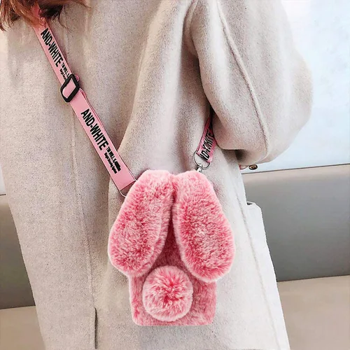 Vista 2 de Funda de felpa con orejas de conejo 3D para LG K51 con correa cruzada ajustable, para niñas de invierno, cálida, hecha a mano, con diamantes