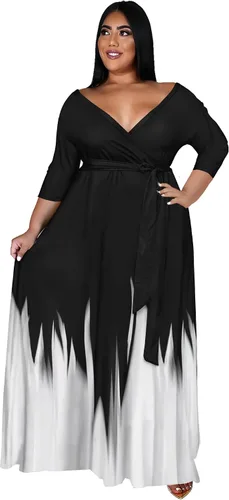 Vista 2 de Runwind - Vestidos largos de talla extragrande para mujer, con estampado floral, sueltos, manga 34 y cinturón