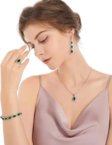 Vista 2 de LMXXVJ Juego de collar y aretes largos, chapados en oro blanco, juego de joyas de zafiro azul creado, joyería de regalo para boda, fiesta, joyería