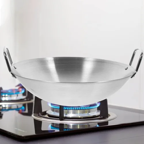 Vista 4 de Luxshiny Sartén para wok de fondo redondo plano de acero inoxidable, capacidad suficiente, sartén para saltear con mango largo, antiadherente, apta