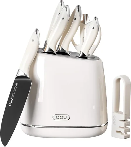 Vista 10 de OOU Juego de Cuchillos de Cocina con Bloque - 15 Piezas de Acero Inoxidable de Alto Carbono con Bloques de Afilado Integrados, Negro