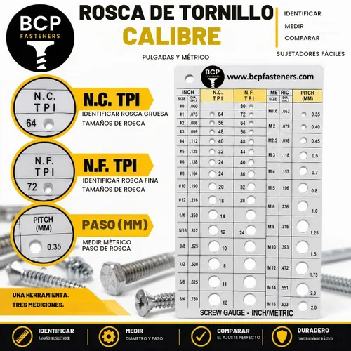 Vista 4 de Medidor de rosca de tornillo Métrico y SAE Recomienda el tamaño de broca y macho de roscar (BCP675)