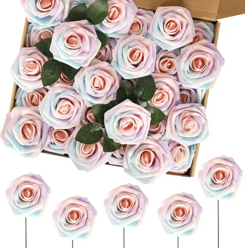 Vista 27 de MACTING 30 PCS Flores Artificiales Rosas Negras y Blancas Flores Falsas con Tallo Rosas de Espuma de Tacto Real para Boda Bola de Besos Ramillete