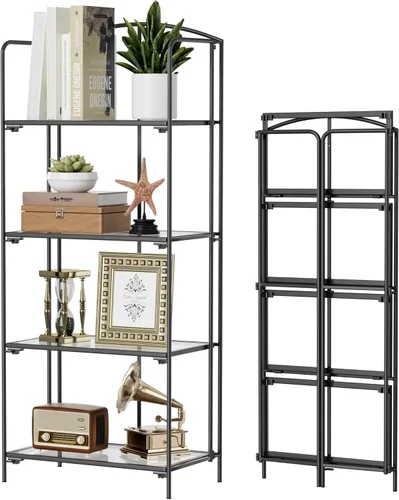 Vista 33 de Crofy - Estantería plegable sin montaje para sala de estar, estantería plegable de 2 niveles en color negro para oficina en casa, organizador