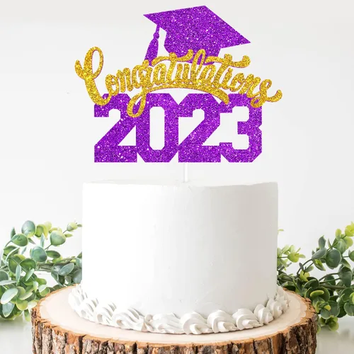 Vista 3 de Felicitaciones 2023 - Decoración para pastel de graduación 2023, suministros de pastel de purpurina morada para fiesta de graduación, decoración