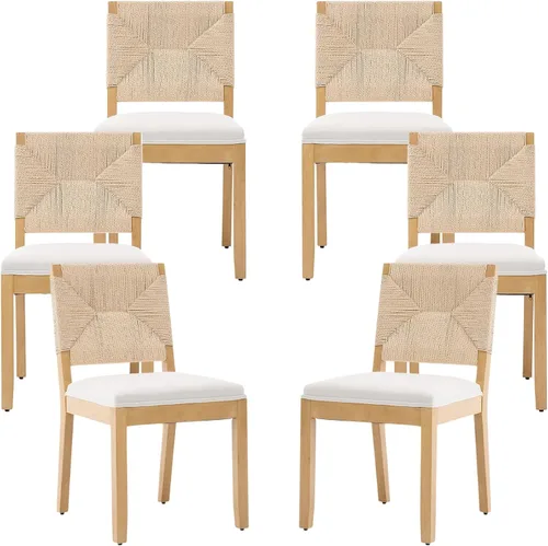 Vista 40 de ODUSE-DAILY Juego de 2 sillas de comedor French Country color beige, sillas de comedor de madera bohemia con respaldo tejido y asiento tapizado