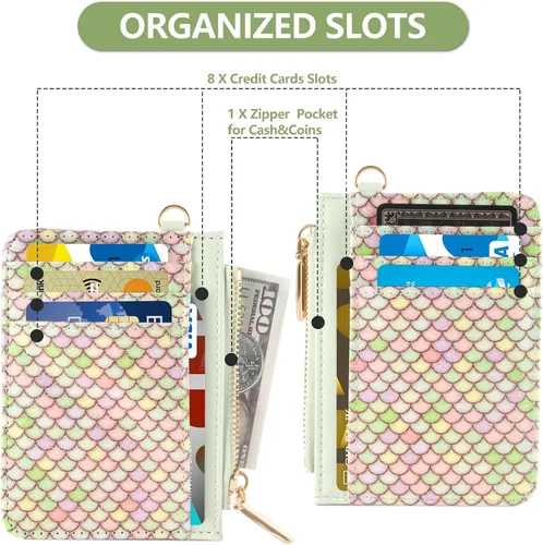 Vista 2 de Cartera pequeña de cuero con protección RFID de sirena para tarjetas de crédito, cartera delgada con correa para la muñeca con bolsillo